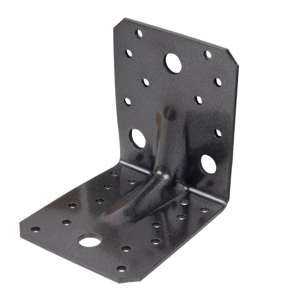 DURAVIS® Schwerlast-Winkelverbinder mit Sicke, Material: Stahl, sendzimirverzinkt, Oberfläche: schwarzdiamant duplexbeschichtet, mit CE-Kennzeichnung nach ETA-08/0165, Tiefe: 105 mm, Höhe: 105 mm, Breite: 90 mm, Materialstärke: 3,00 mm, Anzahl Löcher: 4 / 22, Loch: Ø13 / Ø5 mm, 20 Jahre Garantie gegen Durchrosten