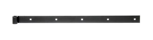 Band hook, straight, straight end, Material: raw steel, Surface: black powder-coated, Length: 600 mm, Roller dia.: 14 mm, Width: 35 mm, Material thickness: 5.00 mm, No. of holes: 5, Hole: 7.5 x 7.5 mm, 15-year warranty against rusting through