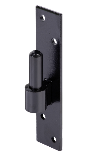 Kloben auf Platte, DI-Haken, Material: Stahl roh, Oberfläche: kataphoretisch aufgetragener schwarzer Tauchlack, Dornmaß-Ø: 16 mm, Abstand Dorn - Platte: 13 mm, Plattenhöhe: 180 mm, Plattenbreite: 40 mm, Länge Dorn: 45 mm, Materialstärke: 5,00 mm, Anzahl Löcher: 4, Loch: Ø8 mm