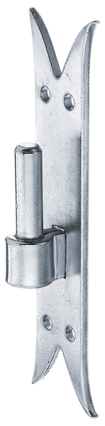 Gozne sobre pletina DI, extremidad cola de pez, Material: Acero crudo, Superficie: galvanizado, Ø Entre eje: 14 mm, Distancia eje-pletina: 11 mm, Altura de la pletina: 205 mm, Anchura de la pletina: 54 mm, Longitud del eje: 45 mm, Espesura del material: 5,00 mm, Número de agujeros: 4, Perforación: Ø8 mm