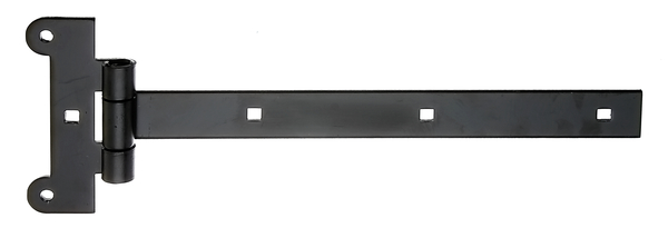 Tee hinge, with press-fitted pin, Material: raw steel, Surface: black cataphoretic coating, Belt length: 291 mm, Hinge width: 45 mm, Hinge length: 115 mm, Belt width: 30 mm, Material thickness: 4.00 mm, No. of holes: 2 / 4, Hole: Ø6.8 / 7.5 x 7.5 mm