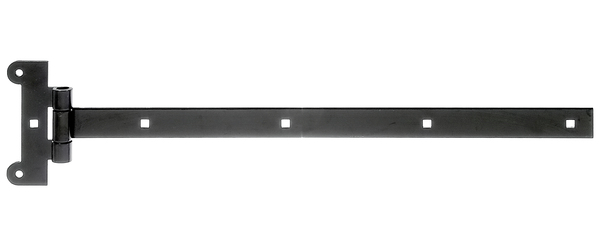 Tee hinge, with press-fitted pin, Material: raw steel, Surface: black cataphoretic coating, Belt length: 491 mm, Hinge width: 45 mm, Hinge length: 115 mm, Belt width: 30 mm, Material thickness: 4.00 mm, No. of holes: 2 / 5, Hole: Ø6.8 / 7.5 x 7.5 mm