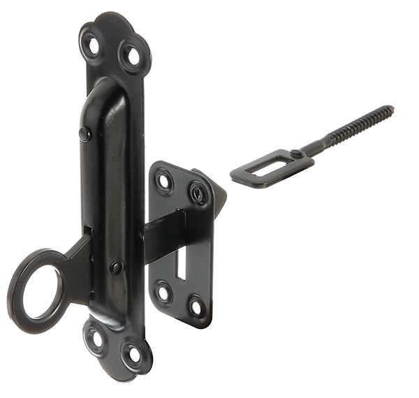 Window shutter lock, fastening with plate, with countersunk screw holes, Material: raw steel, Surface: zinc phosphate plated, black powder-coated, Height: 150 mm, Width: 38 mm, Plate width: 37 mm, Plate height: 37 mm, Thread-Ø: 6 x 21 mm, No. of holes: 8, Hole: Ø5 mm