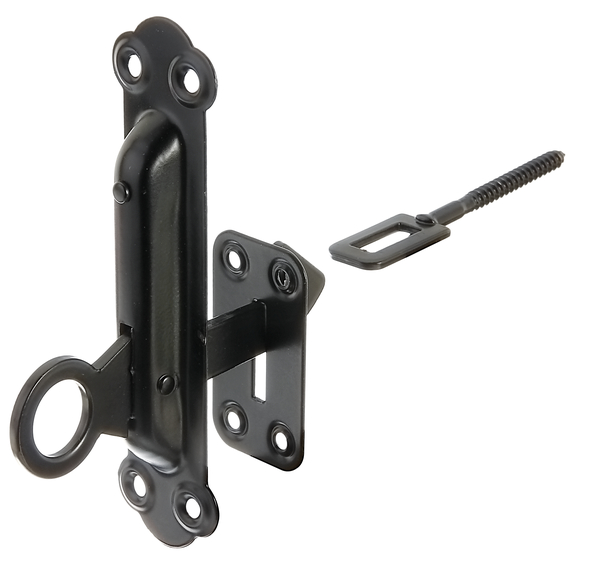 Window shutter lock, fastening with plate, with countersunk screw holes, Material: raw steel, Surface: zinc phosphate plated, black powder-coated, Height: 150 mm, Width: 38 mm, Plate width: 37 mm, Plate height: 37 mm, Thread-Ø: 6 mm, Thread length: 21 mm, No. of holes: 8, Hole: Ø5 mm, CutCase