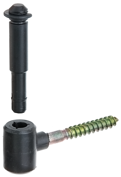Gond à visser, Matériau: Vis à bois : acier brut, autres pièces : PVC rigide, Finition: Vis à bois : zinguée, autres pièces : noires, Distance axe-Ø: 14 mm, Longueur: 75 mm, Longueur filetée: 50 mm, Longueur axe: 40 mm, Filetage à bois-Ø: 10 mm