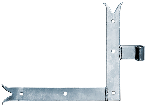 Pernio escuadra recto, extremidad cola de pez, Material: Acero crudo, Superficie: galvanizado, Altura: 250 mm, Longitud: 300 mm, Ø del rodillo: 14 mm, Anchura: 35 mm, Distancia del centro de la banda al centro del rodillo: 68 mm, Descripción del artículo: abajo, Espesura del material: 4,00 mm, Número de agujeros: 5, Perforación: 7,5 x 7,5 mm