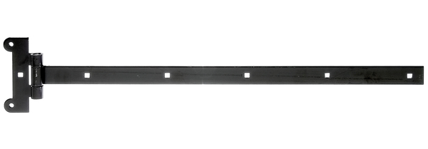 Tee hinge, with press-fitted pin, Material: raw steel, Surface: black cataphoretic coating, Belt length: 591 mm, Hinge width: 45 mm, Hinge length: 115 mm, Belt width: 30 mm, Material thickness: 4.00 mm, No. of holes: 2 / 6, Hole: Ø6.8 / 7.5 x 7.5 mm