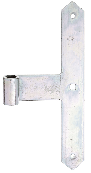 Gate middle hinge, straight, pointed end, Material: raw steel, Surface: galvanised, thick-film passivated, Height: 300 mm, Width: 40 mm, Roller dia.: 16 mm, Distance centre of belt - centre of roller: 105 mm, Type: light, Material thickness: 5.00 mm, No. of holes: 2 / 1, Hole: Ø7 / 9 x 9 mm