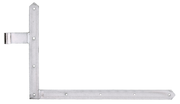 Tor-Winkelband, gerade, Abschluss spitz, Material: Stahl roh, Oberfläche: galvanisch verzinkt, Dickschichtschutz, Höhe: 400 mm, Länge: 600 mm, Rollen-Ø: 16 mm, Breite: 40 mm, Abstand Mitte Band - Mitte Rolle: 105 mm, Artikelbeschreibung: unten, Materialstärke: 5,00 mm, Anzahl Löcher: 7 / 1, Loch: Ø7 / 9 x 9 mm