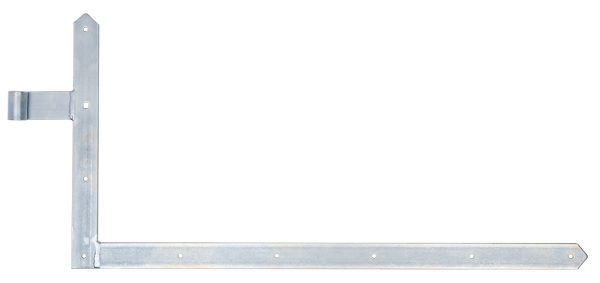 Tor-Winkelband, gerade, Abschluss spitz, Material: Stahl roh, Oberfläche: galvanisch verzinkt, Dickschichtschutz, Höhe: 400 mm, Länge: 800 mm, Rollen-Ø: 16 mm, Breite: 40 mm, Abstand Mitte Band - Mitte Rolle: 105 mm, Artikelbeschreibung: unten, Materialstärke: 5,00 mm, Anzahl Löcher: 8 / 1, Loch: Ø7 / 9 x 9 mm