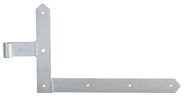 Gate middle hinge, straight, pointed end, for frame gates, Material: raw steel, Surface: hot-dip galvanised, Height: 250 mm, Length: 400 mm, Roller dia.: 13 mm, Width: 40 mm, Distance centre of belt - centre of roller: 100 mm, Item description: Bottom, Material thickness: 5.00 mm, No. of holes: 5 / 1, Hole: Ø7 / Ø10 mm