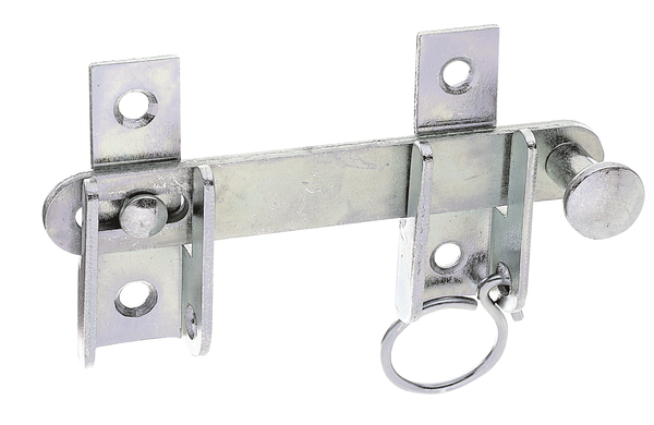 Shutter hasp with locking device, with countersunk screw holes, Material: raw steel, Surface: galvanised, thick-film passivated, Total length: 120 mm, Hasp width: 18 mm, Width of screw-on plate: 18 mm, Height of screw-on plate: 65 mm, No. of holes: 4, Hole: Ø6 mm