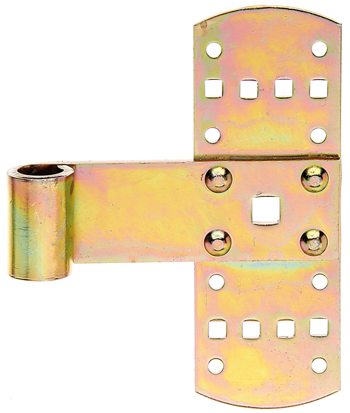 Tee hinge, Material: raw steel, Surface: yellow galvanised, Height: 140 mm, Width: 50 mm, Roller dia.: 13 mm, Distance centre of belt - centre of roller: 75 mm, Material thickness: 2.00 mm, No. of holes: 8 / 8 / 1, Hole: Ø5 / 5.5 x 5.5 / 9 x 9 mm