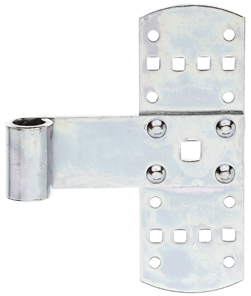 Tee hinge, Material: raw steel, Surface: yellow galvanised, Height: 140 mm, Width: 50 mm, Roller dia.: 13 mm, Distance centre of belt - centre of roller: 75 mm, Material thickness: 2.00 mm, No. of holes: 8 / 8 / 1, Hole: Ø5 / 5.5 x 5.5 / 9 x 9 mm