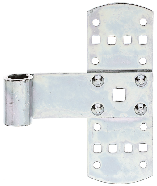 Tee hinge, Material: raw steel, Surface: galvanised, thick-film passivated, Height: 140 mm, Width: 50 mm, Roller dia.: 13 mm, Distance centre of belt - centre of roller: 75 mm, Material thickness: 2.00 mm, No. of holes: 8 / 8 / 1, Hole: Ø5 / 5.5 x 5.5 / 9 x 9 mm