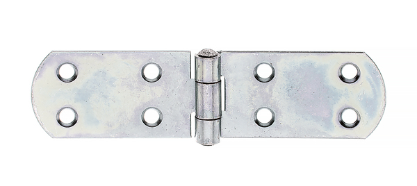 Box hinge, with riveted pin, with countersunk screw holes, Material: raw steel, Surface: galvanised, thick-film passivated, Length: 156 mm, Width: 35 mm, Material thickness: 2.00 mm, No. of holes: 8, Hole: Ø5.5 mm