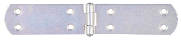 Box hinge, with riveted pin, with countersunk screw holes, Material: raw steel, Surface: galvanised, thick-film passivated, Length: 195 mm, Width: 35 mm, Material thickness: 2.00 mm, No. of holes: 8, Hole: Ø5.5 mm