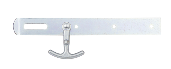 Überfalle mit Haken, Material: Stahl roh, Oberfläche: galvanisch verzinkt, Dickschichtschutz, Länge Überfalle: 250 mm, Breite: 30 mm, Abstand Mitte Langloch - Ende Überfalle: 112 mm, Materialstärke: 3,00 mm, Anzahl Löcher: 1 / 3, Loch: 10 x 40 / Ø5,5 mm