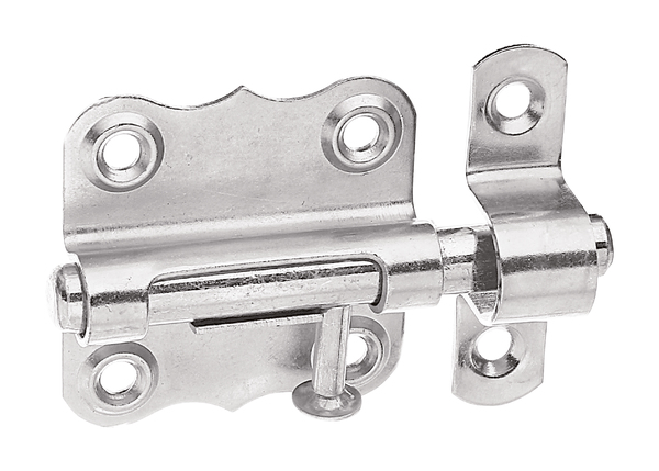 Chiavistello con asta tonda girevole, senza molla, con fori per viti incassate, Materiale: acciaio inox, con guida asta fissata, Lunghezza piastra: 39 mm, Larghezza piastra: 38 mm, Perno: 8 mm, Larghezza guida asta: 10 mm, Lunghezza guida asta: 37 mm, lunghezza totale: 61 mm, Numero di fori: 6, Foro: Ø4,4 mm