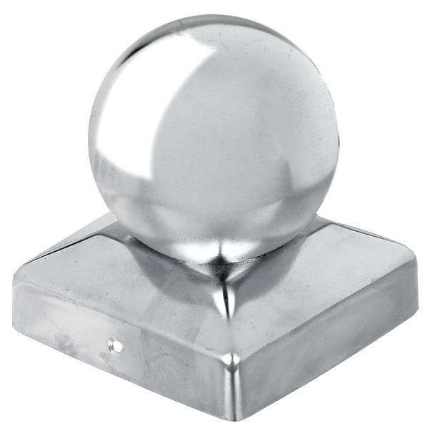 Capuchon de poteau pour poteaux en bois carré, avec boule, avec trous de vis fraisés, Matériau: Acier inoxydable, Longueur: 90 mm, Largeur: 90 mm, 80 mm