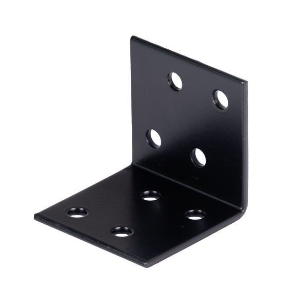 Angle bracket, Material: raw steel, Surface: galvanised, black powder-coated, Depth: 40 mm, Height: 40 mm, Width: 40 mm, Material thickness: 2.00 mm, No. of holes: 8, Hole: Ø5 mm, 15-year warranty against rusting through