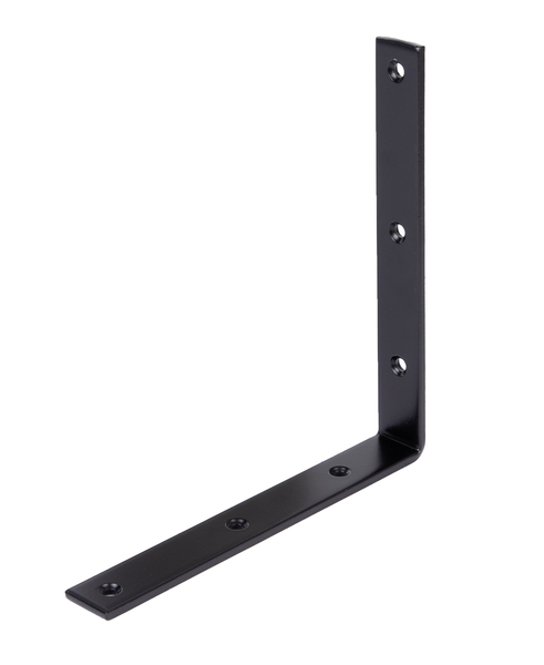 Joist hanger angle bracket, narrow, equal sided, with countersunk screw holes, Material: raw steel, Surface: galvanised, black powder-coated, Depth: 200 mm, Height: 200 mm, Width: 26 mm, Material thickness: 5.00 mm, No. of holes: 6, Hole: Ø6 mm, 15-year warranty against rusting through