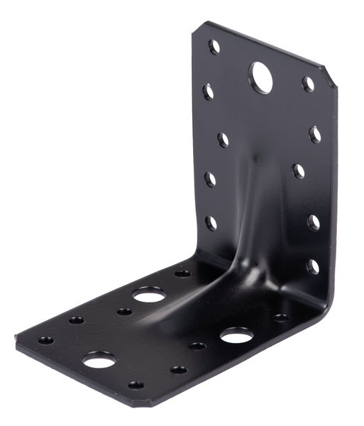 Heavy-duty angle bracket, reinforced, Material: raw steel, Surface: galvanised, black powder-coated, with CE marking in accordance with ETA-08/0165, Depth: 90 mm, Height: 90 mm, Width: 65 mm, Material thickness: 2.50 mm, No. of holes: 4 / 18, Hole: Ø11 / Ø5 mm, 15-year warranty against rusting through, CutCase