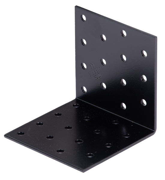 Perforated angle plate, Material: raw steel, Surface: galvanised, black powder-coated, with CE marking in accordance with ETA-08/0165, Depth: 80 mm, Height: 80 mm, Width: 80 mm, Material thickness: 2.50 mm, No. of holes: 28, Hole: Ø5 mm, 15-year warranty against rusting through, CutCase