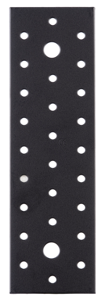 Perforated plate, Material: raw steel, Surface: galvanised, black powder-coated, with CE marking in accordance with DIN EN 14545, Length: 200 mm, Width: 60 mm, Material thickness: 2.00 mm, No. of holes: 2 / 26, Hole: Ø11 / Ø5 mm, 15-year warranty against rusting through, CutCase