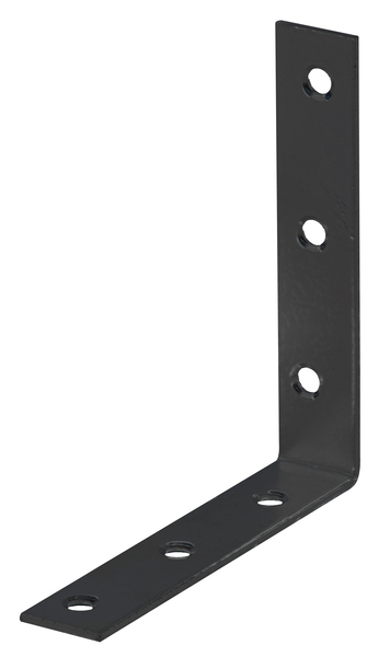 Corner brace, with countersunk screw holes on both sides, Material: raw steel, Surface: galvanised, black powder-coated, Depth: 100 mm, Height: 100 mm, Width: 19 mm, Material thickness: 2.00 mm, No. of holes: 6, Hole: Ø5.3 mm, 15-year warranty against rusting through, CutCase