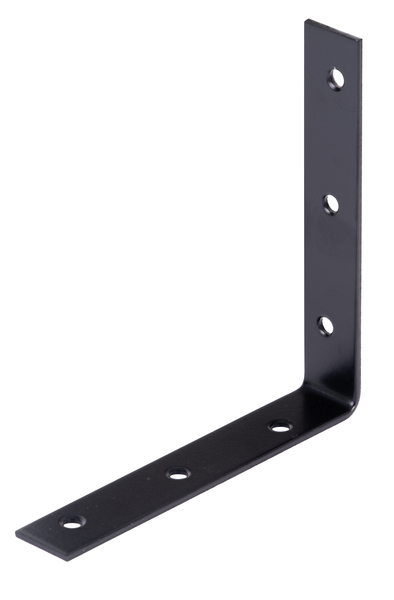 Corner brace, with countersunk screw holes on both sides, Material: raw steel, Surface: galvanised, black powder-coated, Depth: 125 mm, Height: 125 mm, Width: 22 mm, Material thickness: 2.00 mm, No. of holes: 6, Hole: Ø6 mm, 15-year warranty against rusting through, CutCase