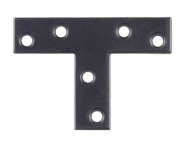 Flat connector T shaped, with countersunk screw holes, Material: raw steel, Surface: galvanised, black powder-coated, Length: 70 mm, Height: 50 mm, Width: 16 mm, Material thickness: 2.00 mm, No. of holes: 6, Hole: Ø3.8 mm, 15-year warranty against rusting through, CutCase