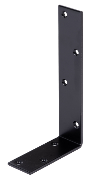 Joist hanger angle bracket, unequal sided, with countersunk screw holes, Material: raw steel, Surface: galvanised, black powder-coated, Depth: 100 mm, Height: 200 mm, Width: 40 mm, Material thickness: 4.00 mm, No. of holes: 7, Hole: Ø6 mm, 15-year warranty against rusting through, CutCase