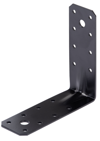 Heavy-duty angle bracket, reinforced, Material: raw steel, Surface: galvanised, black powder-coated, Depth: 125 mm, Height: 125 mm, Width: 45 mm, Material thickness: 2.50 mm, No. of holes: 1 / 1 / 6 / 10, Hole: 10 x 20 / Ø10 / Ø6.5 / Ø4.5 mm, 15-year warranty against rusting through