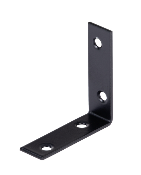 Corner brace, with countersunk screw holes on both sides, Material: raw steel, Surface: galvanised, black powder-coated, Depth: 50 mm, Height: 50 mm, Width: 15 mm, Material thickness: 1.75 mm, No. of holes: 4, Hole: Ø4.5 mm, 15-year warranty against rusting through, CutCase