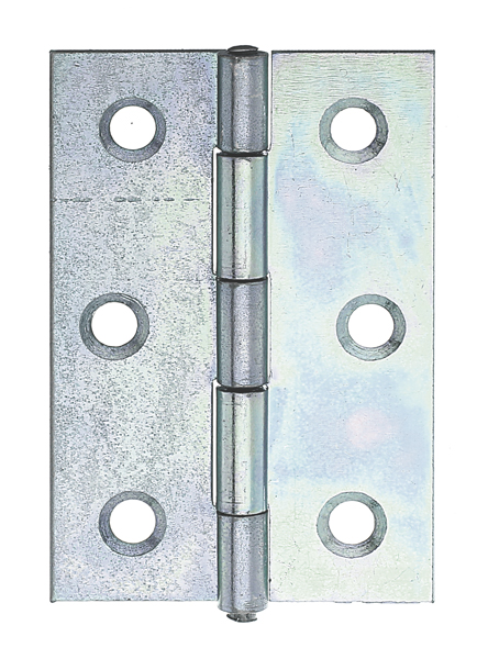 Scharnier, halbbreit, mit vernietetem Edelstahlstift, mit versenkten Schraublöchern, Material: Stahl roh, Oberfläche: sendzimirverzinkt, Länge: 60 mm, Breite: 46 mm, Ausführung: gerollt, Materialstärke: 1,20 mm, Anzahl Löcher: 6, Loch: Ø5,4 mm, Polen