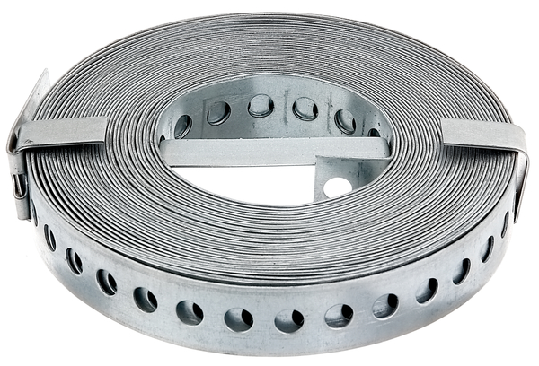 Builders band, Material: raw steel, Surface: sendzimir galvanised, Width: 20 mm, Distance from middle to middle of hole: 12 mm, Length: 10 m, Material thickness: 1.00 mm, Hole-Ø: 7 mmCutCase