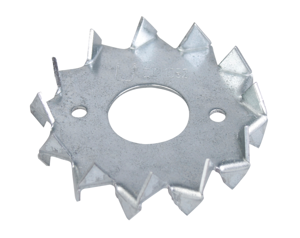 Scheibendübel mit Zähnen, Material: Stahl roh, Oberfläche: sendzimirverzinkt, mit Kennzeichnung nach EN 14545, Außen-Ø: 62 mm, Innen-Ø: 21 mm, ausgelegt für Standardquerschnitte aus Konstruktionsvollholz (KVH) und Brettschichtholz (BS-Holz), CutCase