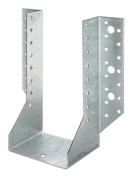 Joist hanger, type A, Material: raw steel, Surface: sendzimir galvanised, with CE marking in accordance with ETA-08/0171, Clear width: 100 mm, Height: 200 mm, Total width: 190 mm, Material thickness: 2.00 mm, No. of holes: 4 / 46, Hole: Ø11 / Ø5 mm, Designed for standard cross-sections made from solid structural timber (SST) and glued laminated timber (glulam)