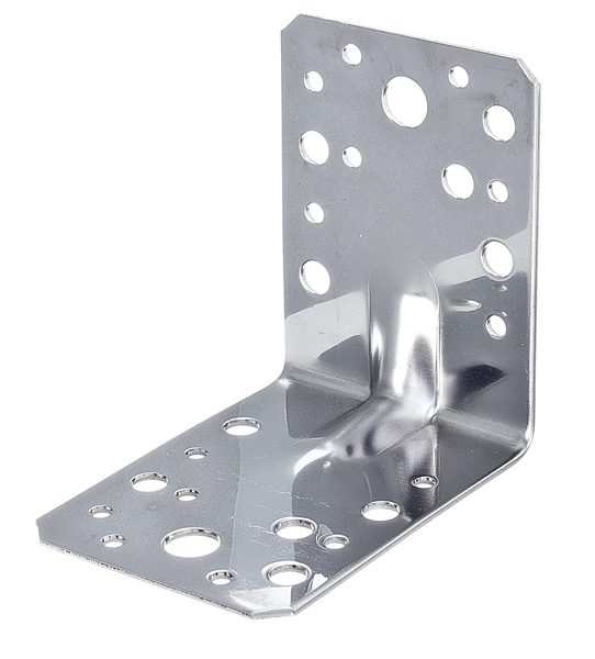 Schwerlast-Winkelverbinder mit Sicke, Material: Edelstahl, Tiefe: 90 mm, Höhe: 90 mm, Breite: 65 mm, Materialstärke: 2,00 mm, Anzahl Löcher: 2 / 10 / 14, Loch: Ø11 / Ø7,5 / Ø5 mm, CutCase