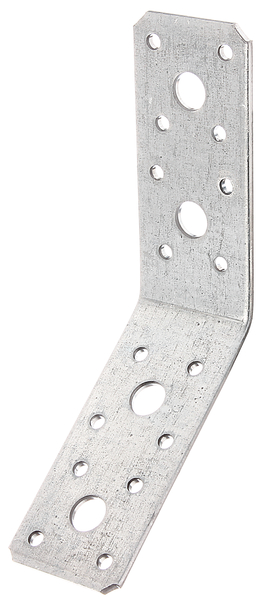 Escuadra de ensamblaje forma acodada a 135°, Material: Acero crudo, Superficie: acero galvanizado Sendzimir, Profundidad: 90 mm, Altura: 90 mm, Anchura: 40 mm, Espesura del material: 3,00 mm, Número de agujeros: 4 / 16, Perforación: Ø11 / Ø5 mm, CutCase