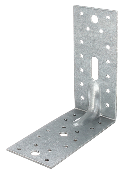 Heavy-duty angle bracket, reinforced, Material: raw steel, Surface: sendzimir galvanised, with CE marking in accordance with ETA-08/0165, Depth: 150 mm, Height: 150 mm, Width: 65 mm, Material thickness: 2.50 mm, No. of holes: 1 / 3 / 28, Hole: 11 x 33 / Ø11 / Ø5 mm, CutCase