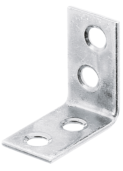 Corner brace, with countersunk screw holes on both sides, Material: raw steel, Surface: sendzimir galvanised, Contents per PU: 12 Piece, Depth: 25 mm, Height: 25 mm, Width: 14 mm, Material thickness: 1.50 mm, No. of holes: 4, Hole: Ø4.5 mm, in bargain pack