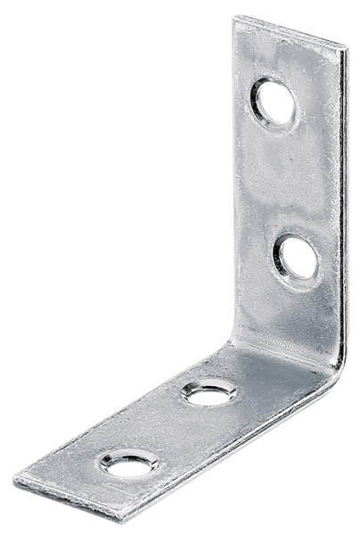Corner brace, with countersunk screw holes on both sides, Material: raw steel, Surface: sendzimir galvanised, Contents per PU: 12 Piece, Depth: 40 mm, Height: 40 mm, Width: 15 mm, Material thickness: 1.75 mm, No. of holes: 4, Hole: Ø4.5 mm, in bargain pack