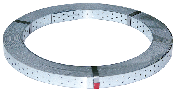 Rispenband, Material: Stahl roh, Oberfläche: sendzimirverzinkt, mit Kennzeichnung nach EN 14545, Breite: 40 mm, Zulassung: EN14545:2008, Länge: 50 m, Materialstärke: 2,00 mm, Loch: Ø5 mm