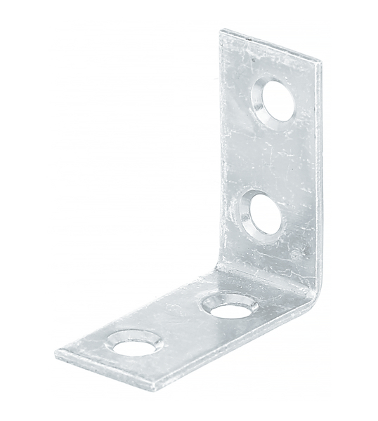 Corner brace, with countersunk screw holes on both sides, Material: raw steel, Surface: sendzimir galvanised, Depth: 30 mm, Height: 30 mm, Width: 14 mm, Material thickness: 1.50 mm, No. of holes: 4, Hole: Ø4.5 mm, CutCase