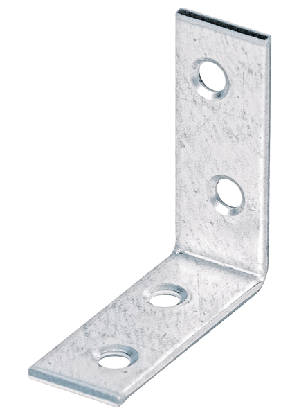 Corner brace, with countersunk screw holes on both sides, Material: raw steel, Surface: sendzimir galvanised, Depth: 40 mm, Height: 40 mm, Width: 15 mm, Material thickness: 1.75 mm, No. of holes: 4, Hole: Ø4.5 mm, CutCase