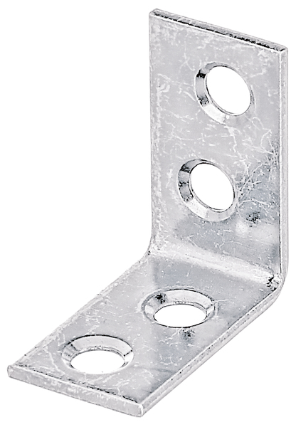 Corner brace, with countersunk screw holes on both sides, Material: raw steel, Surface: sendzimir galvanised, Contents per PU: 50 Piece, Depth: 25 mm, Height: 25 mm, Width: 14 mm, Material thickness: 1.50 mm, No. of holes: 4, Hole: Ø4.5 mm, in bargain pack, CutCase