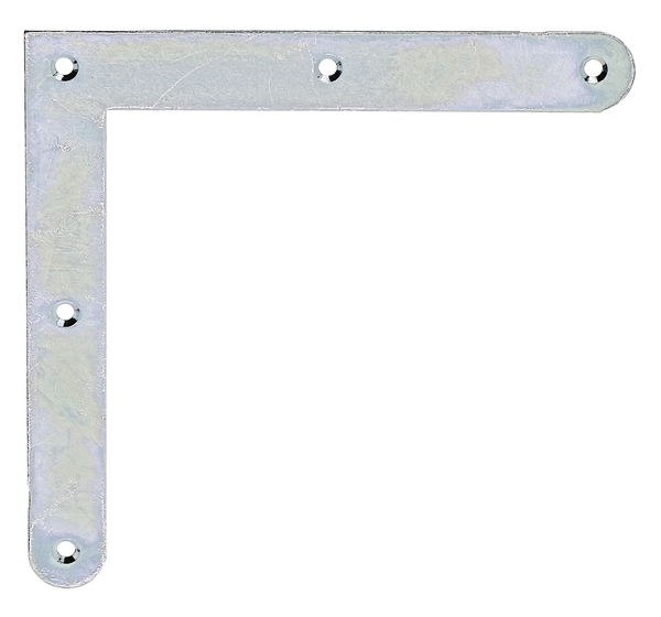Flat angle bracket, rounded ends, with countersunk screw holes, Material: raw steel, Surface: galvanised, thick-film passivated, Height: 150 mm, Length: 150 mm, Width: 20 mm, Material thickness: 2.00 mm, No. of holes: 5, Hole: Ø4 mm, CutCase