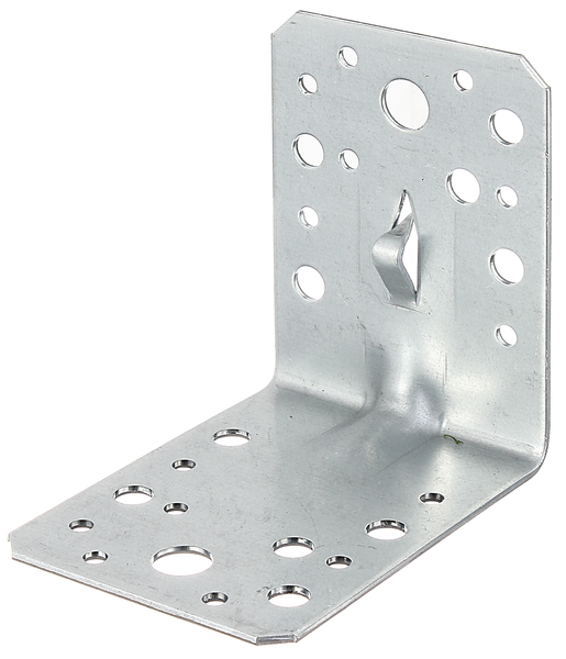 Angle bracket, reinforced with fixing claw for driving in, Material: raw steel, Surface: sendzimir galvanised, Depth: 90 mm, Height: 90 mm, Width: 65 mm, Material thickness: 2.00 mm, No. of holes: 2 / 10 / 14, Hole: Ø11 / Ø7.5 / Ø4.5 mm, CutCase